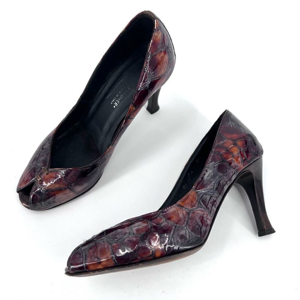 Donald J Pliner tortoise peep toe pumps size 6.5 patent patchwork‎